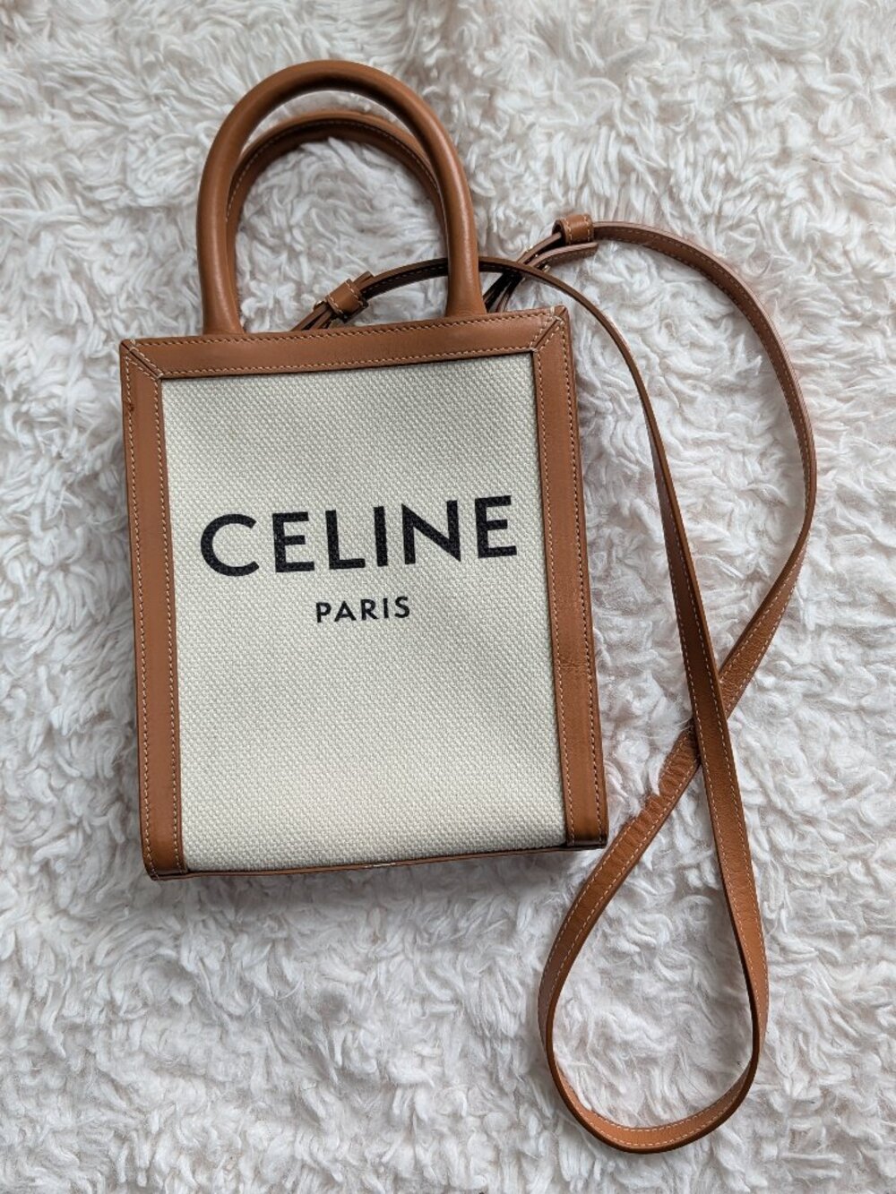 CELINE Mini Vertical Cabas Textile Tan Calfskin Crossbody Bag